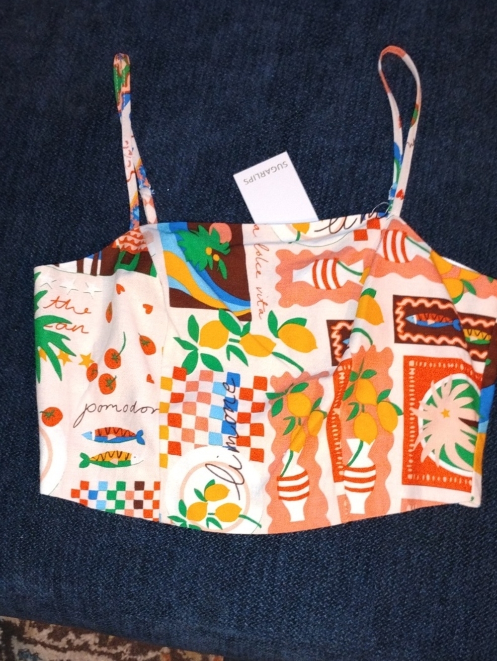 Sugarlips Citrus & Tile Print Spaghetti Strap Crop Top in Orange, Green, Blue